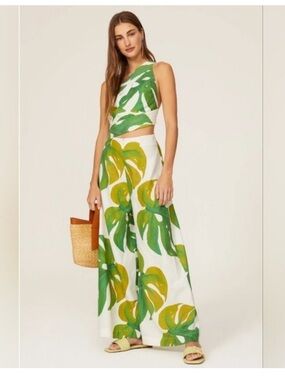 FARM Rio Monstera One Shoulder Jumpsuit L Green White Tropical Wide Leg